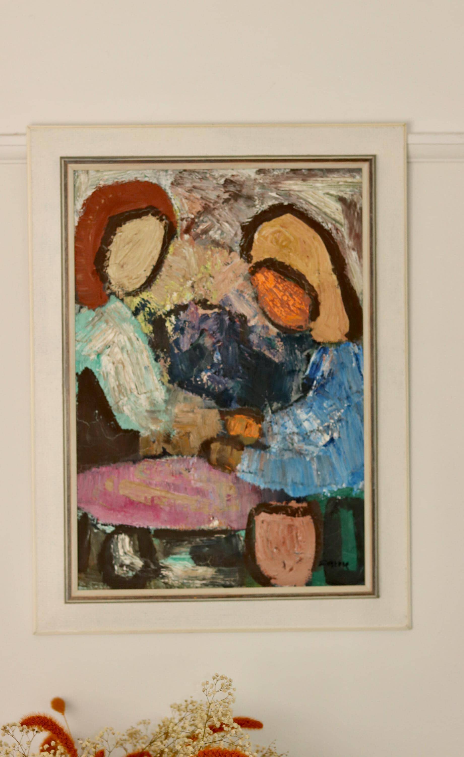 Grande peinture à l'huile moderniste suédoise « Mère et fille » par Gösta Falck vers 1960 - Vintage et encadrée
