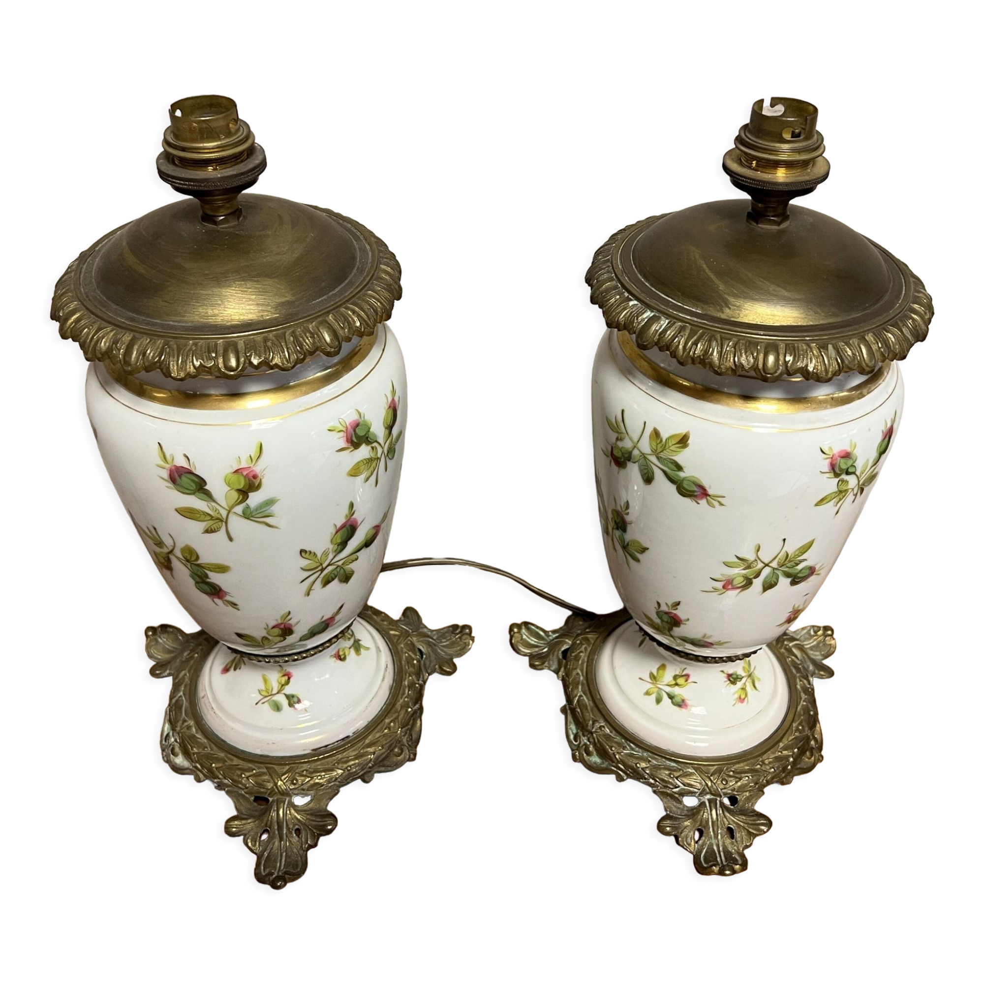 Old pair of porcelain oil lamps decorated circa 1900