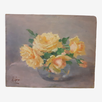 Tableau ancien vase de roses