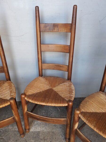 4 modernist chairs design wood and straw era 1960/70