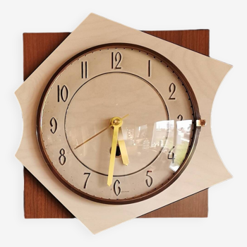 Vintage formica clock silent asymmetrical wall pendulum "Bicolor wood"