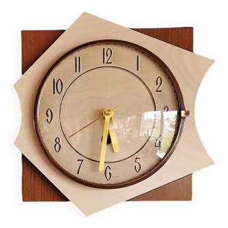 Vintage formica clock silent asymmetrical wall pendulum "Bicolor wood"