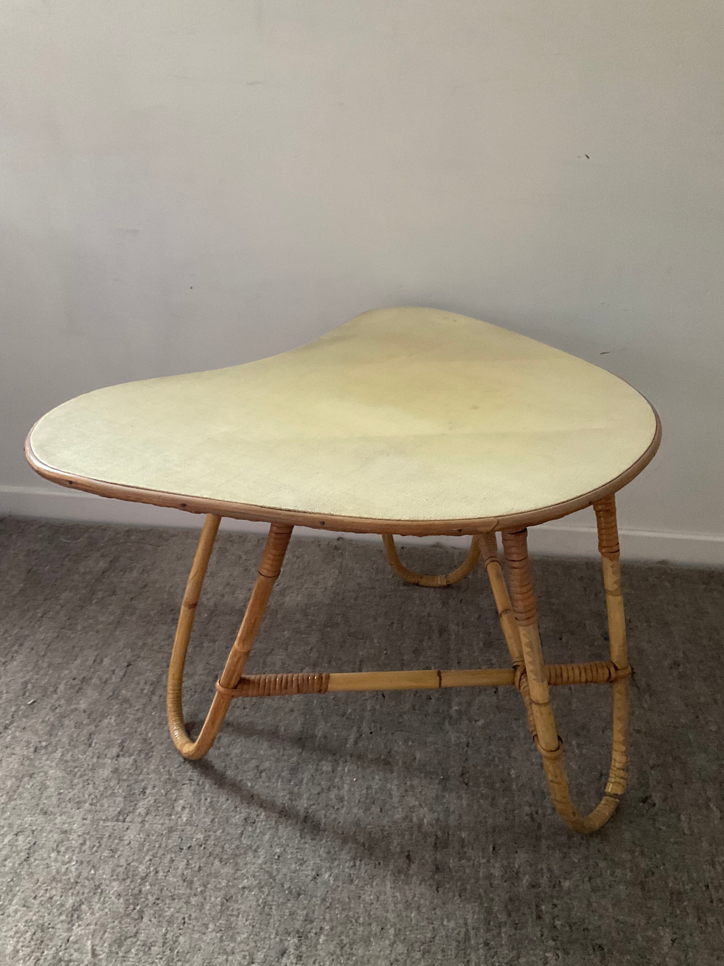 Asymmetrical rattan coffee table tripod foot, 60s