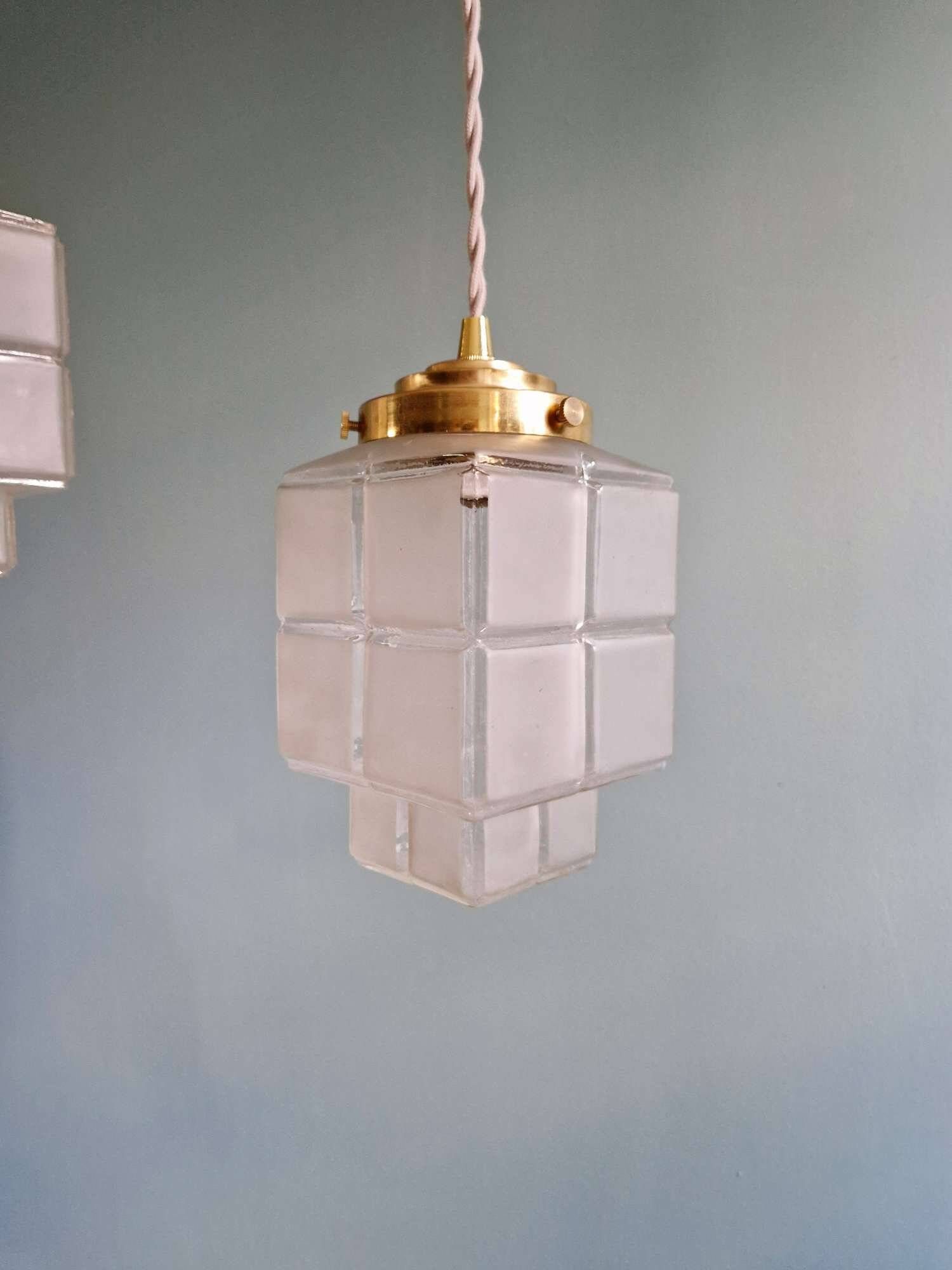 Pair of Art Deco Skyscraper satin glass pendant lights, 1930s