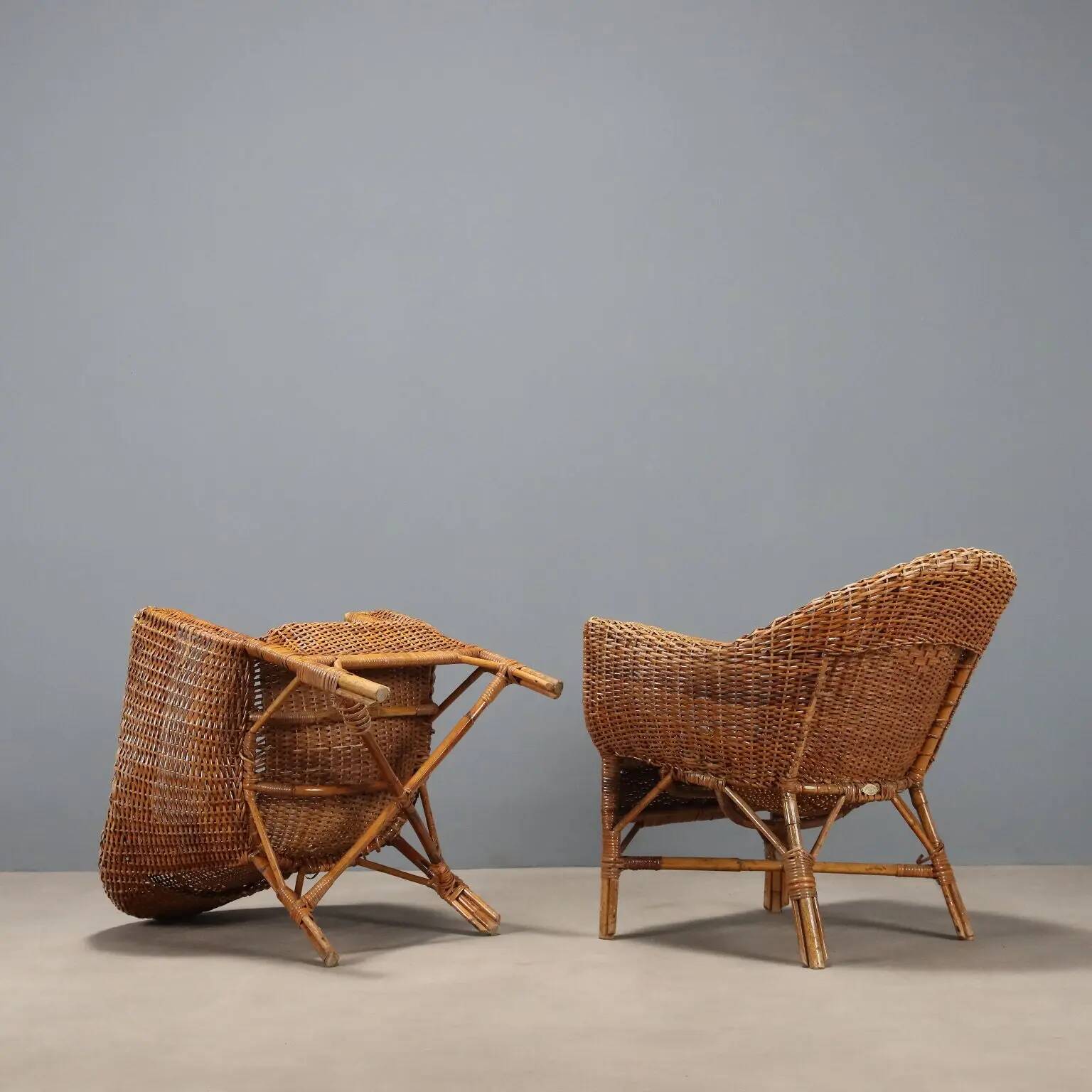 Vintage bamboo and wicker armchairs, Italy, 1950s-1960s.