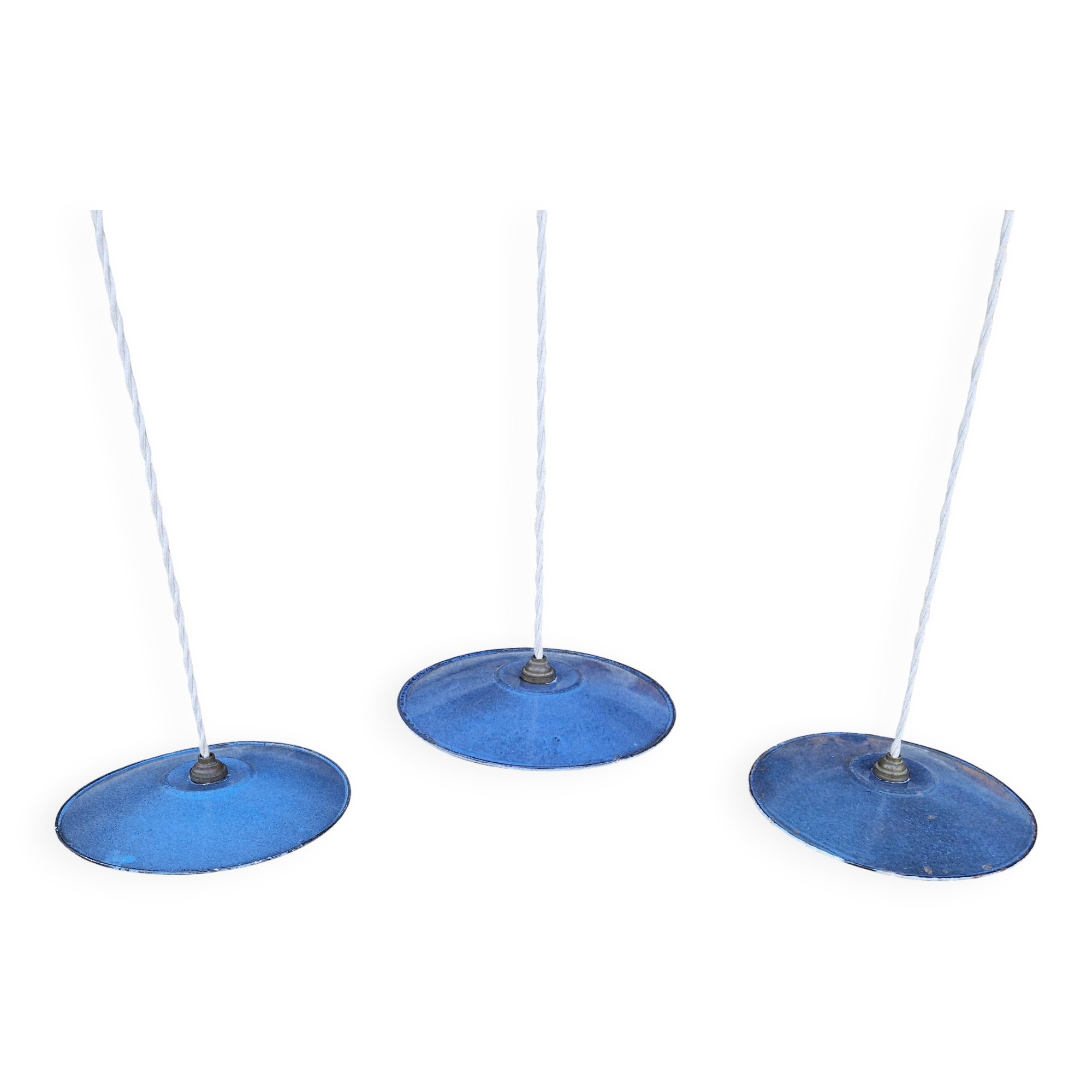 Set of 3 industrial pendant lights in blue enamelled sheet metal