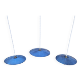 Set of 3 industrial pendant lights in blue enamelled sheet metal