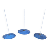 Set of 3 industrial pendant lights in blue enamelled sheet metal