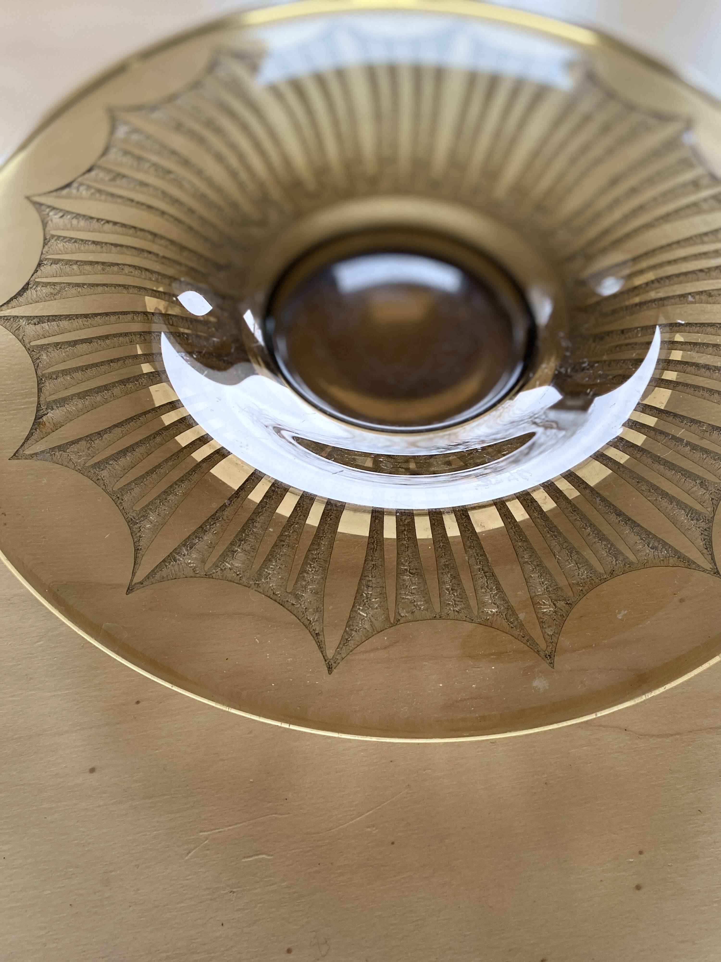 Old Verrex smoked glass fruit bowl, with a radius decoration cut into the glass