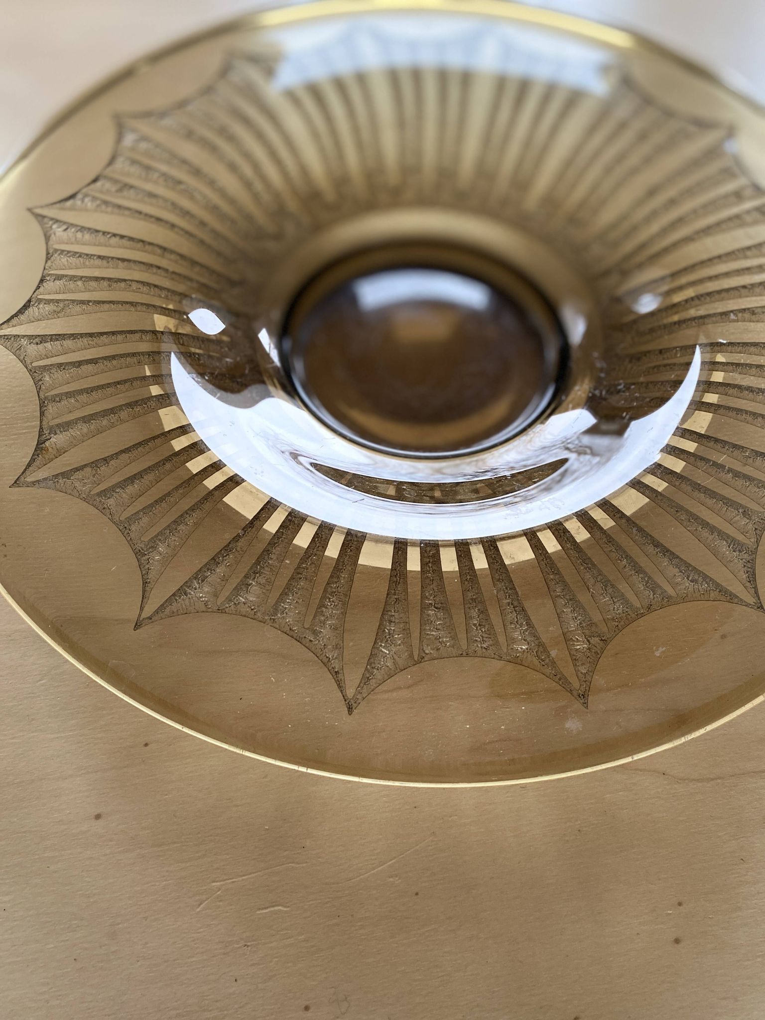 Old Verrex smoked glass fruit bowl, with a radius decoration cut into the glass