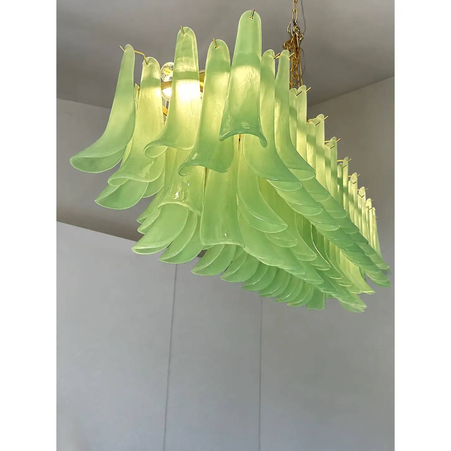 Contemporary Modern Green Frosted "Selle" Murano Glass Rectangular Chandeli