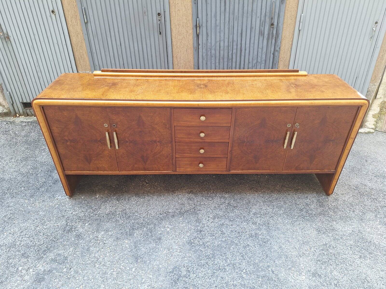 Vintage Sideboard in in Walnut Root and Maple Wood with Brass Details, 1940s