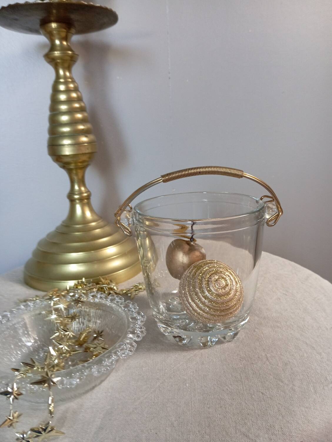 Seau à glaçons en verre, anse doré, vintage 1960