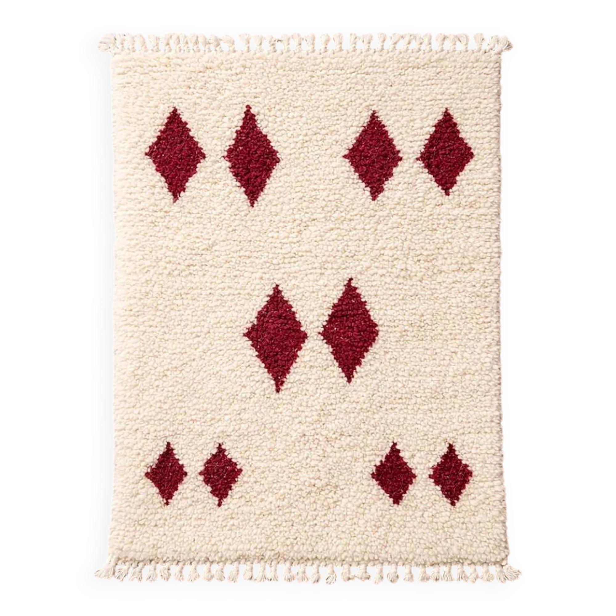 Minimalist cream Berber rug with red diamonds.