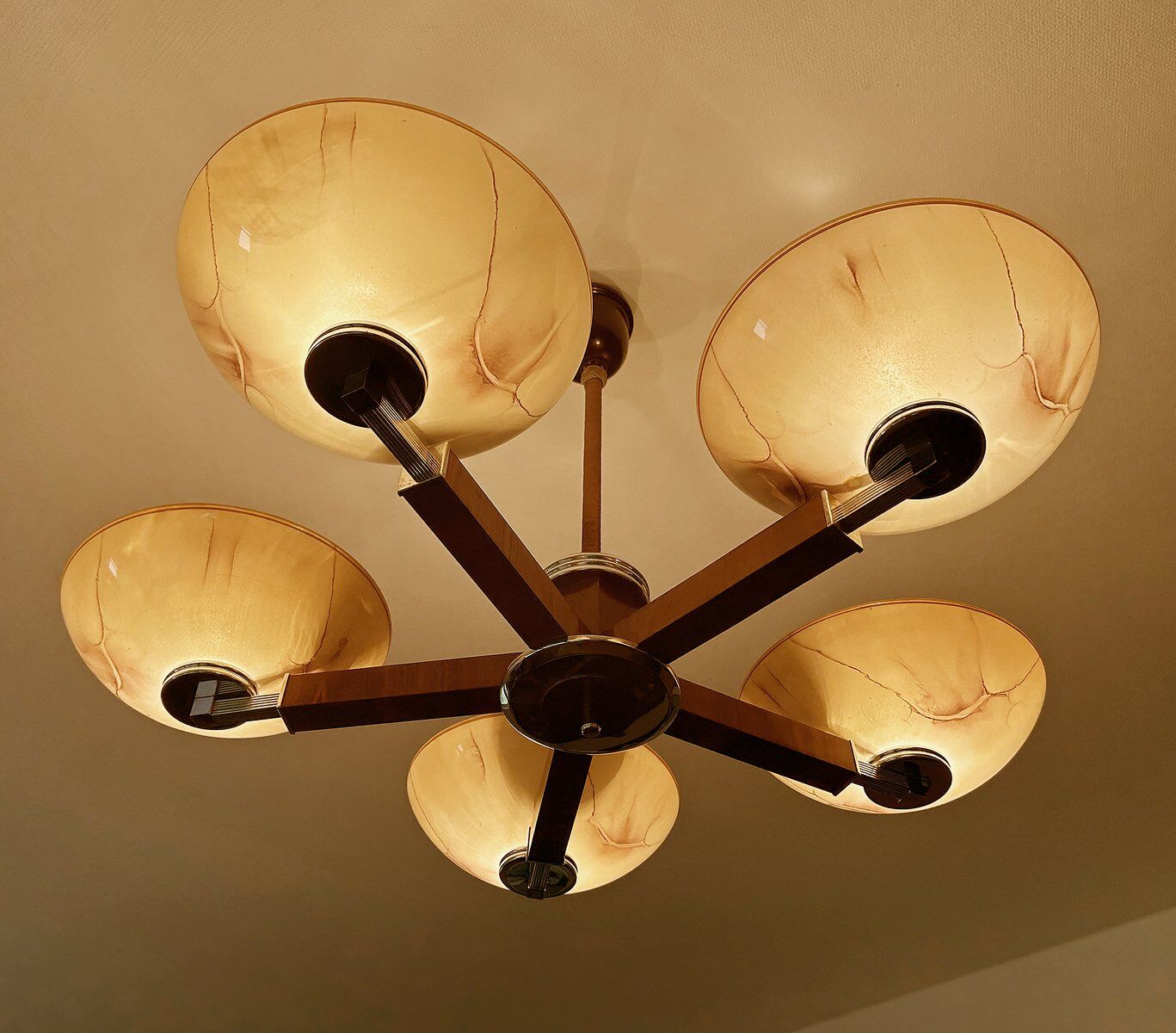 Large Art Deco pendant light in wood and glass, 1930s