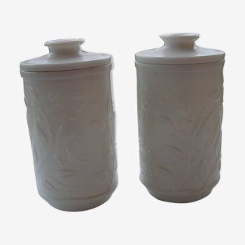 Duo of white decor floral opalin glass jars