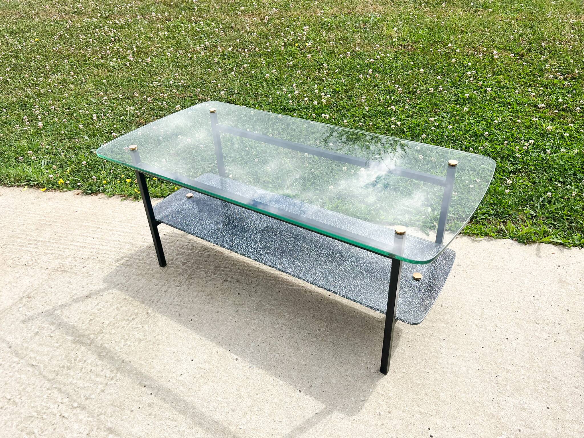 Coffee table with 2 shelves, glass and metal, from the 50s