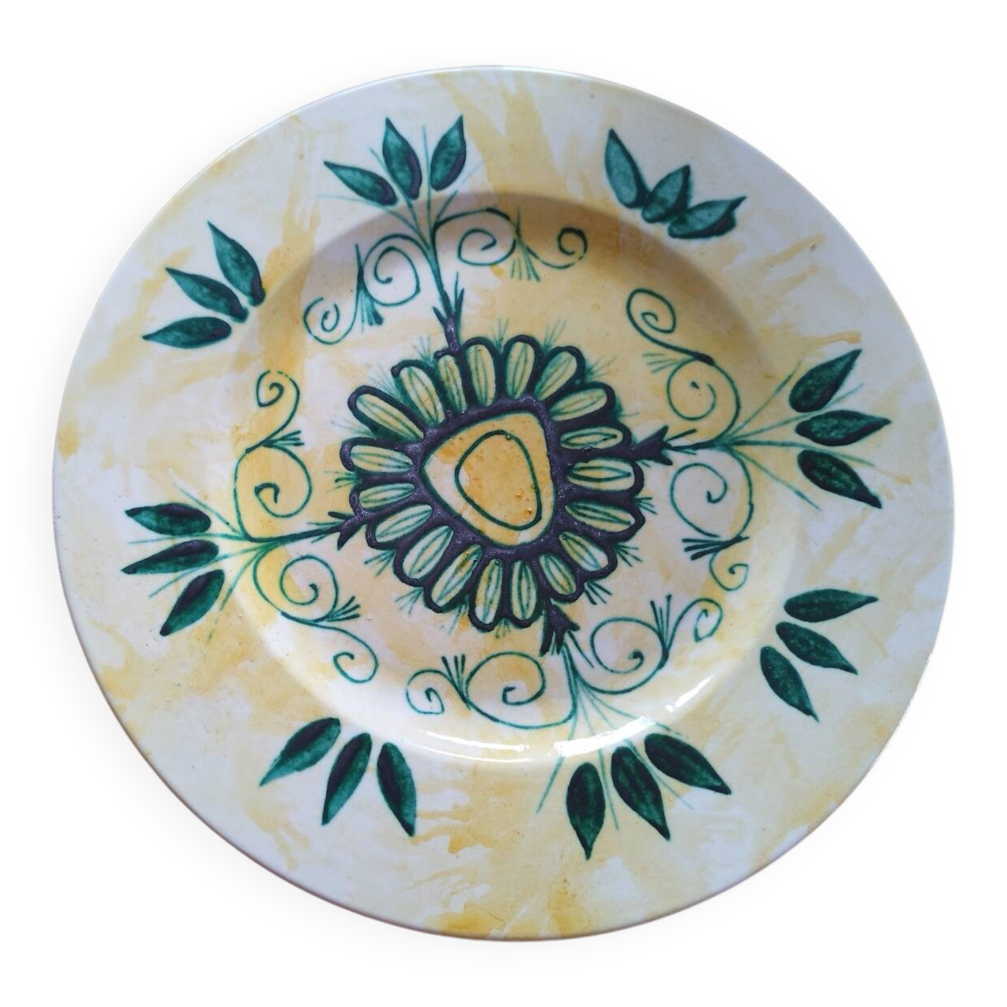 Plate decorated with yellow and green flower, signed Kerbigot.