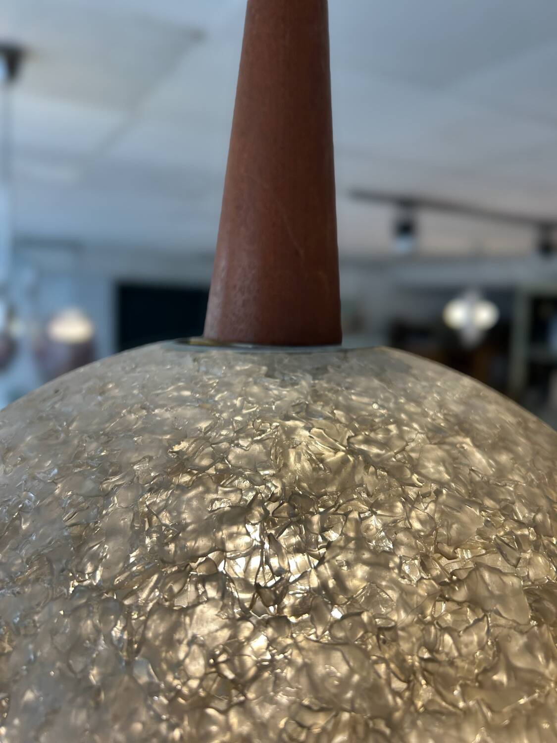 Resin and teak ball pendant light