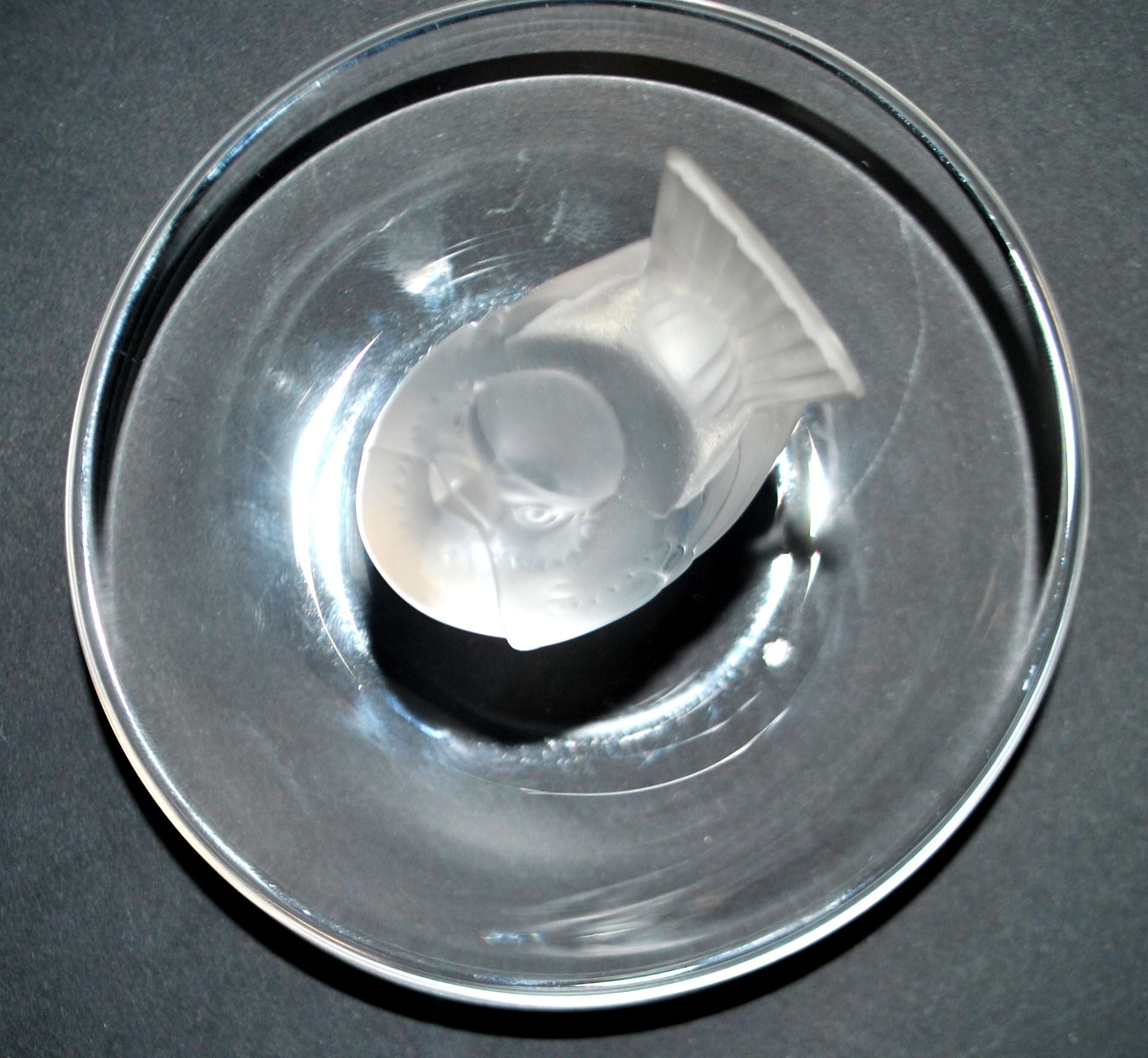 Lalique ashtray bowl Cheeky Sparrow crystal frosted and signed