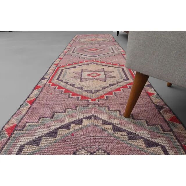 1970s Turkish hand-knotted wool cotton pink runner rug 94x335
