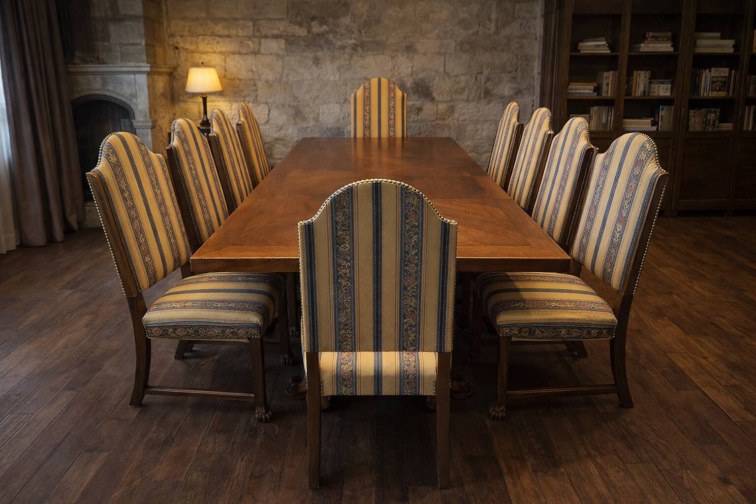 Grand Baroque-Style 11-Piece Dining Suite — Carved Oak & Oak Veneer — Table