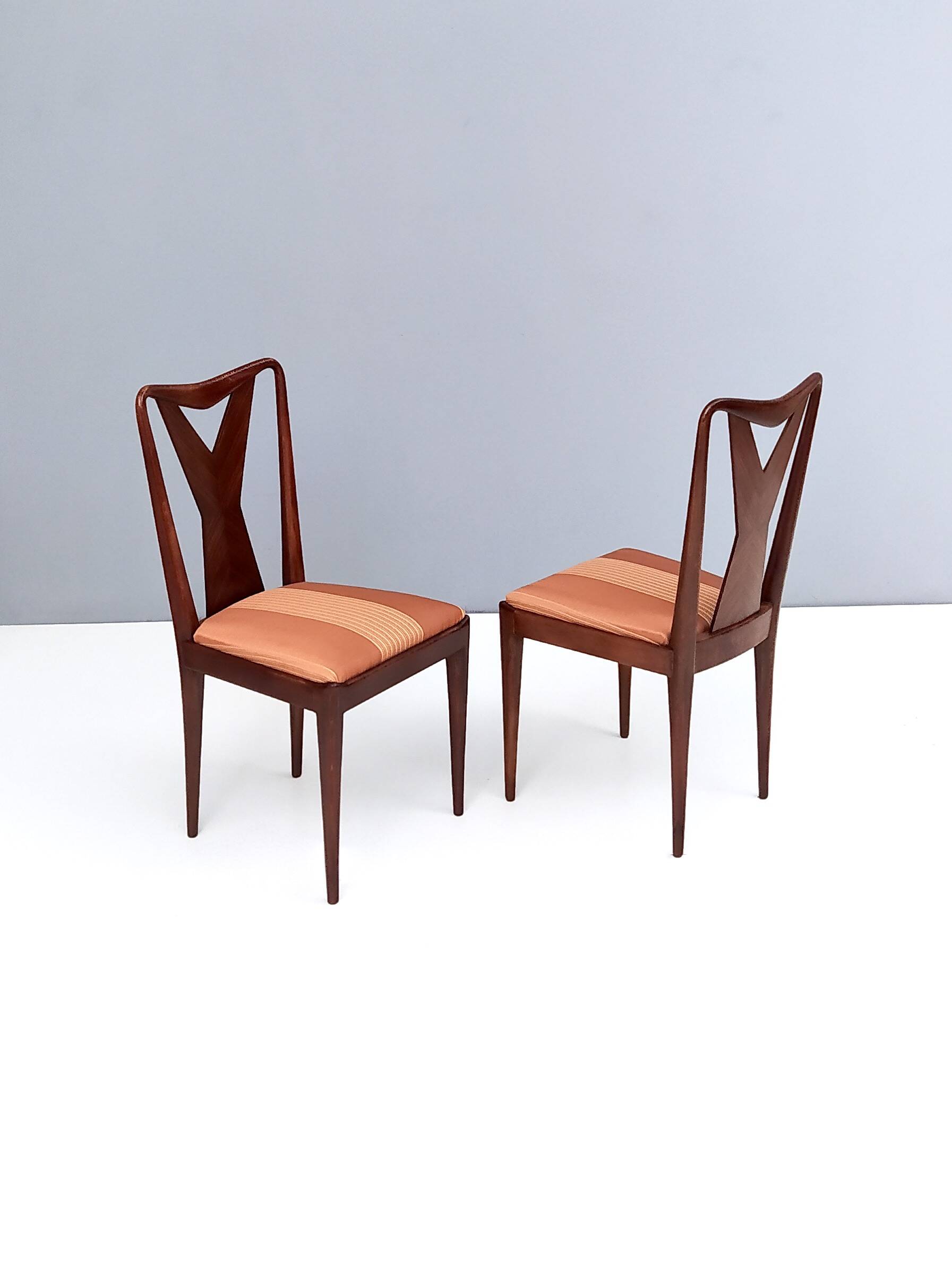 Set of Six Walnut Dining Chairs with Orange Fabric in the Style of Parisi