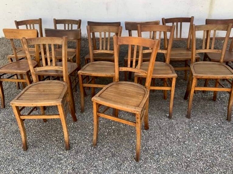 Set of 13 old art deco bistro chairs from the 1930s in light wood