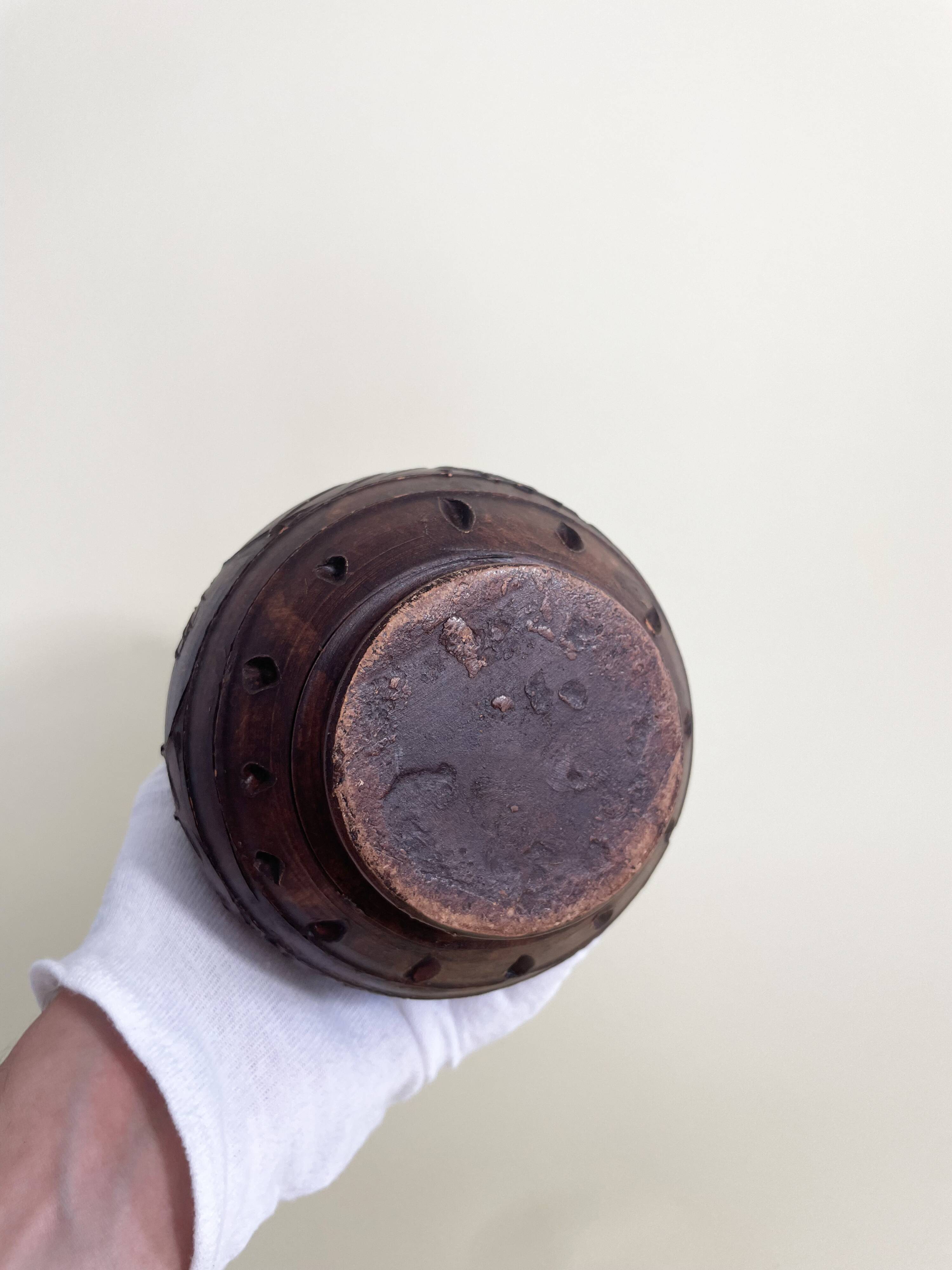 Terracotta Pitcher Vase with Enameled Interior and Engraved Wood Effect