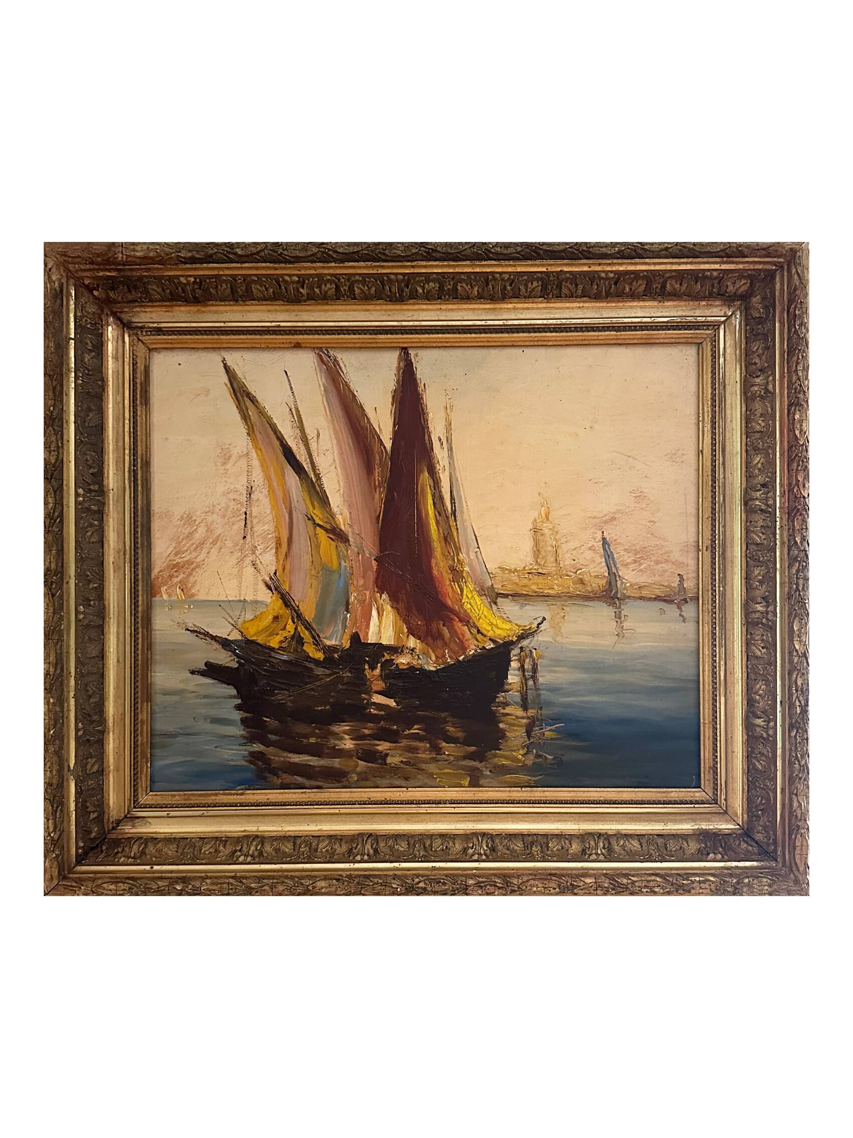 Very old painting of a Mediterranean port.