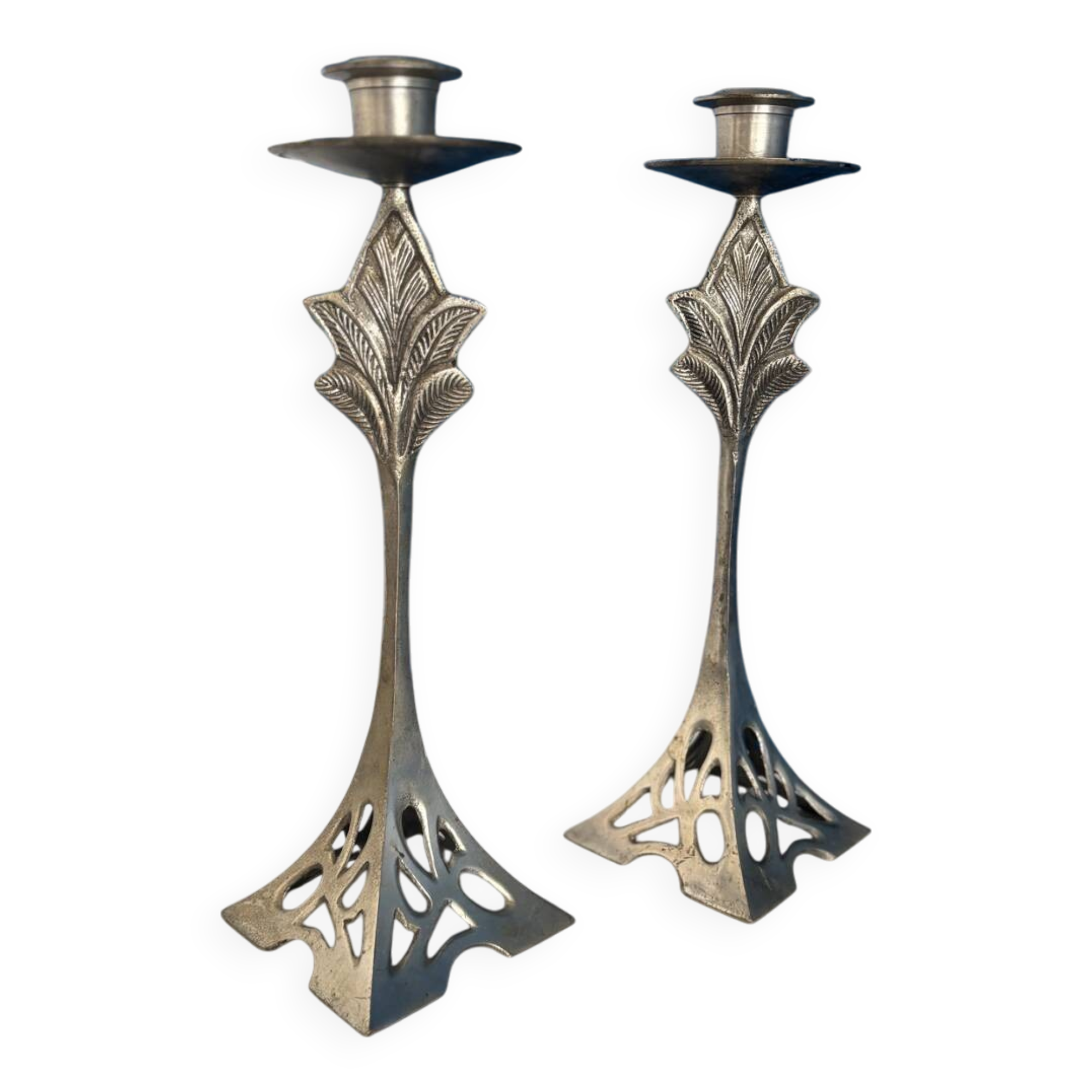 Set of 2 Art Deco Style Metal Candlesticks - Elegant and Vintage Candle Holders