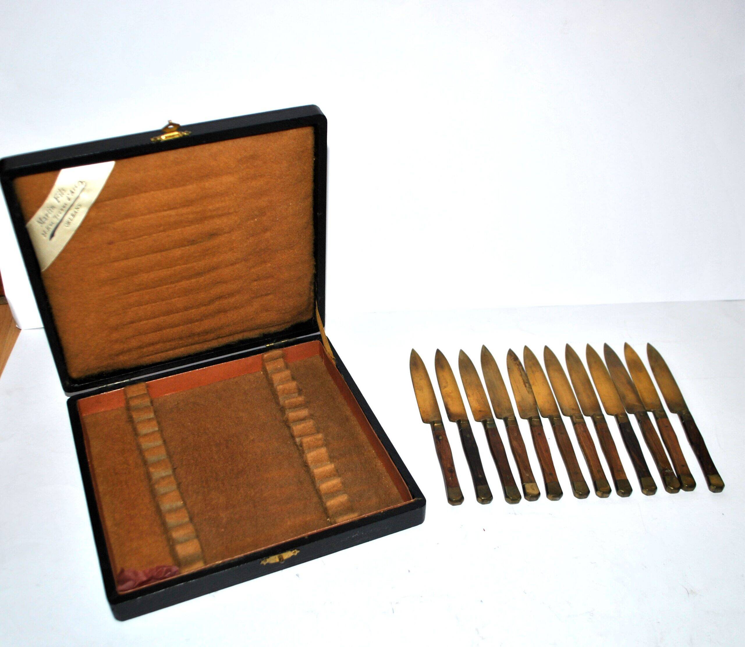 Set of 12 vintage gilded brass and wood cheese knives 1950 Coutelier Martin