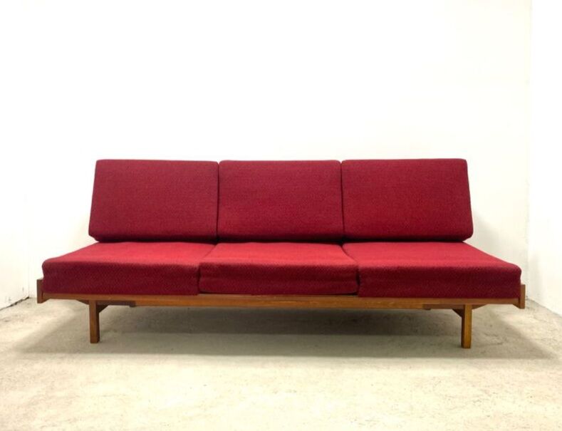 Beech sofa bed & red fabric by Drevotar Czech vintage 1960s