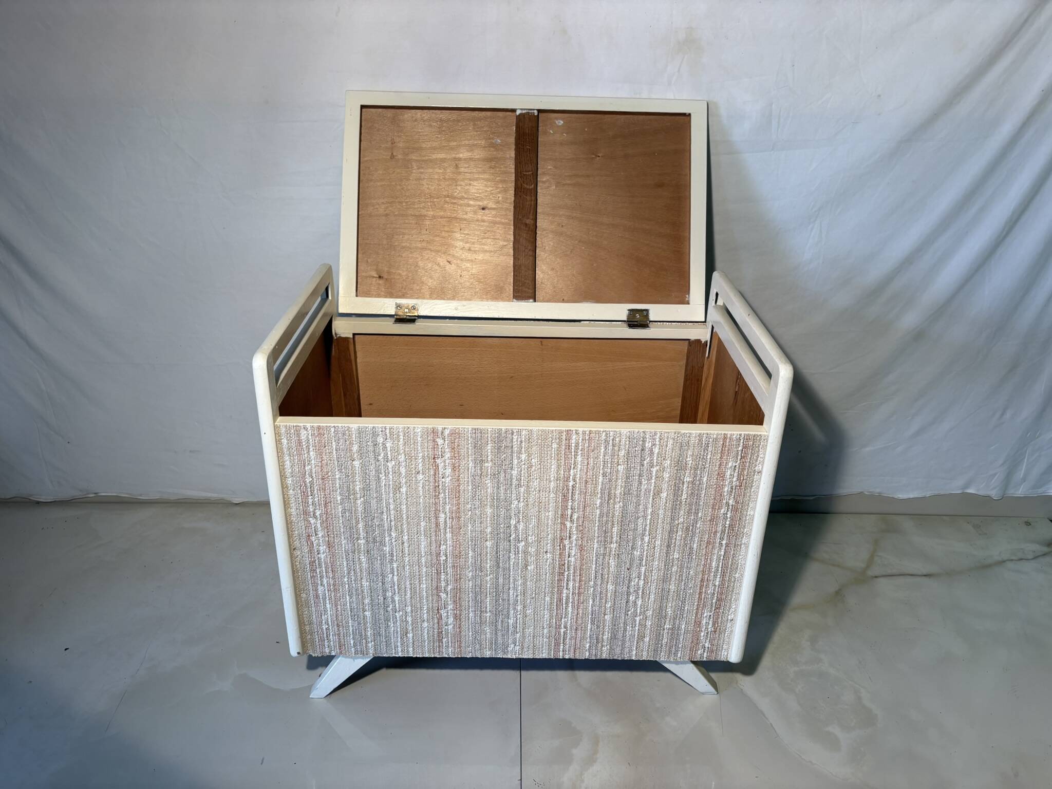 Vintage upholstered chest, white lacquered wooden structure, 1960s-70s