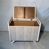 Vintage upholstered chest, white lacquered wooden structure, 1960s-70s