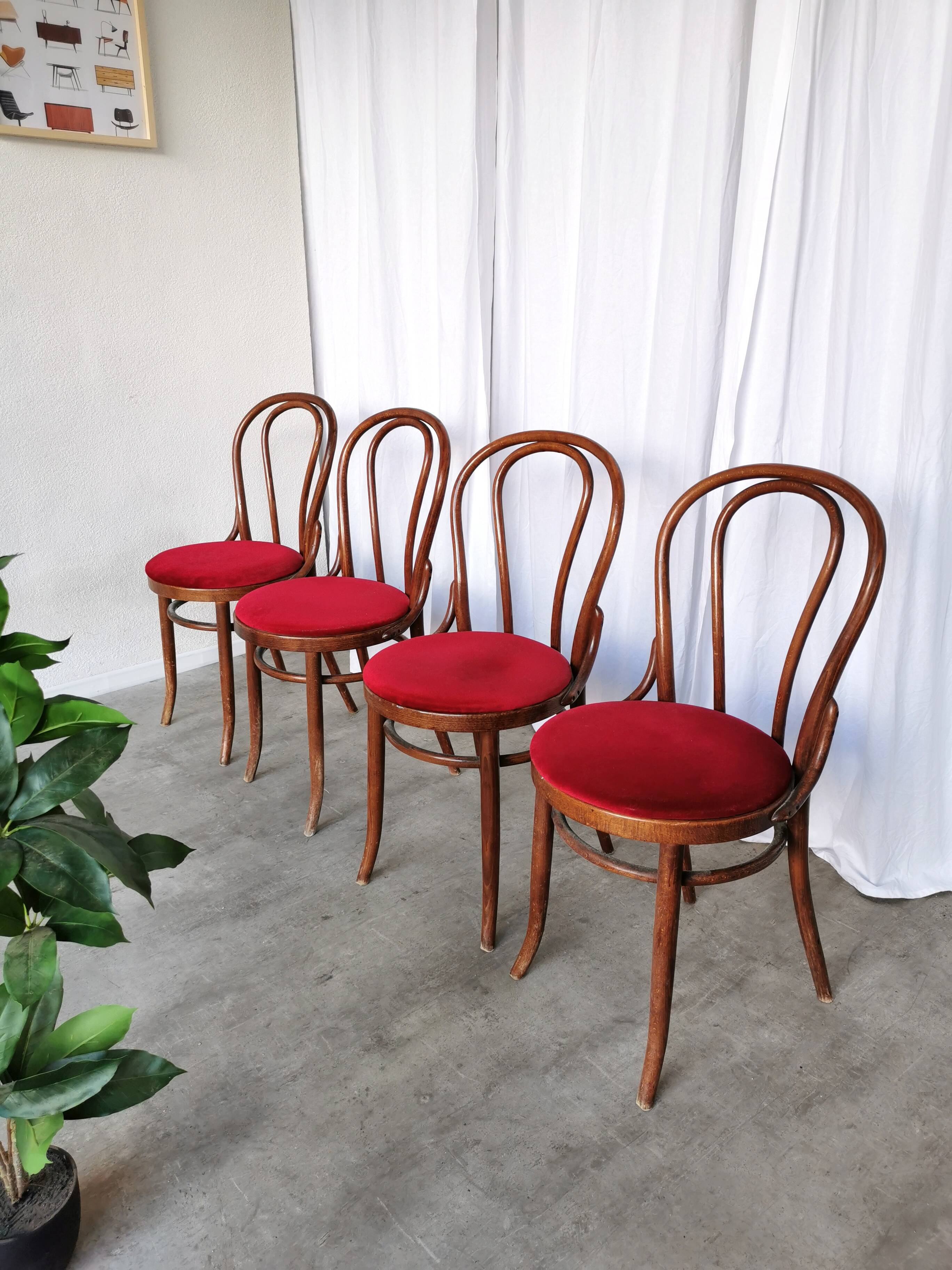 Set of 4 Vintage Bentwood Bistro Chairs, Red Upholstery