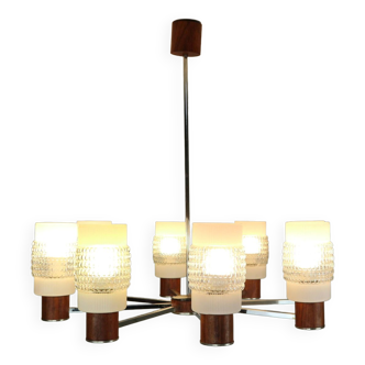 Mid-Century Modern 8 Light Chandelier W. Art Glass Shades