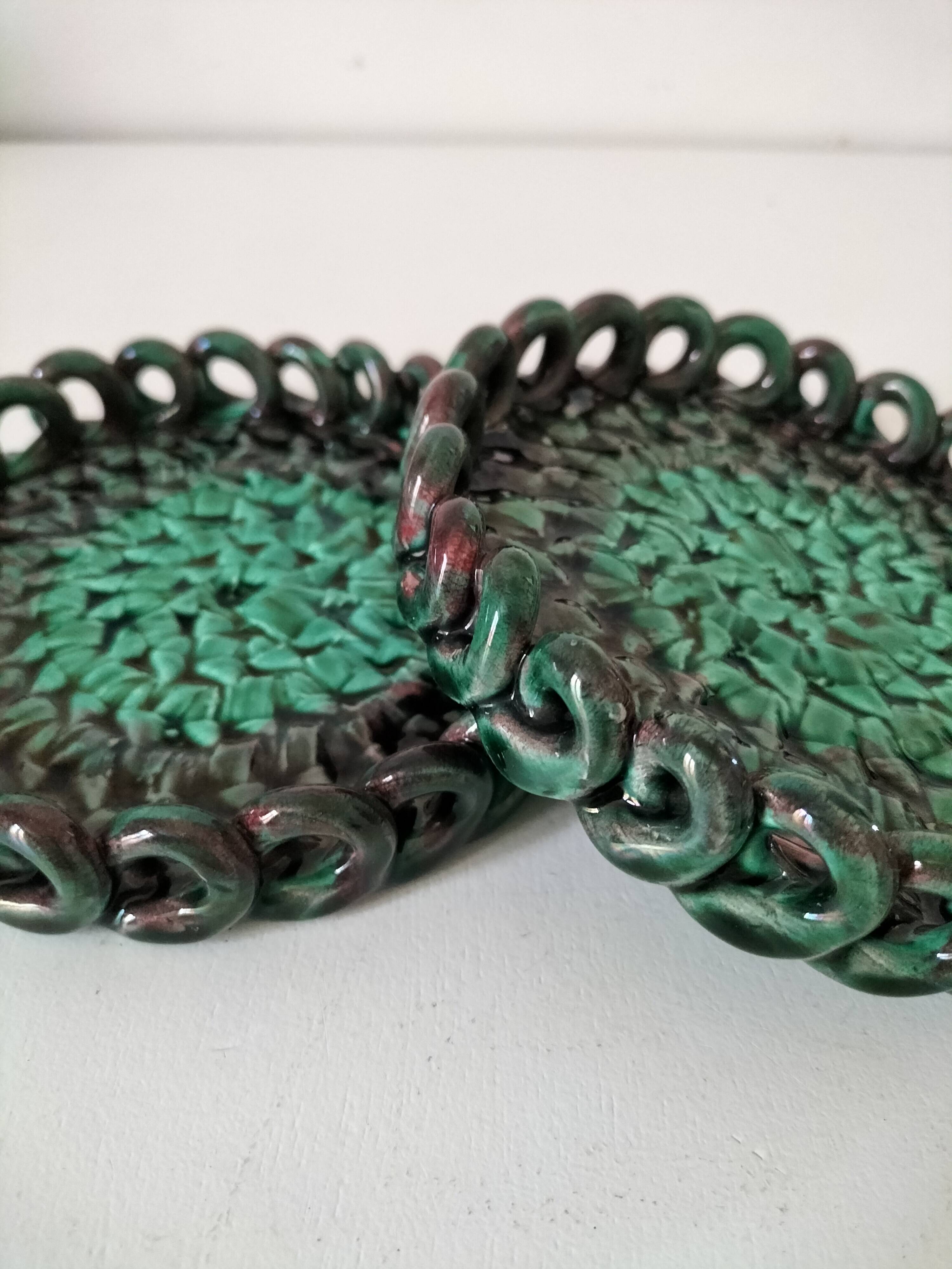 Pair of enamelled woven ceramic trinket trays signed BL, Le Brusc (Var)