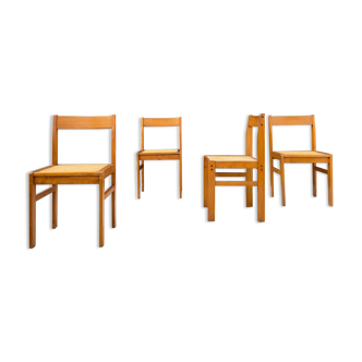 Ensemble de 4 chaises vintage en frêne et cannage 1950