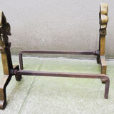 Old brass chenets & fleur de lys cast iron