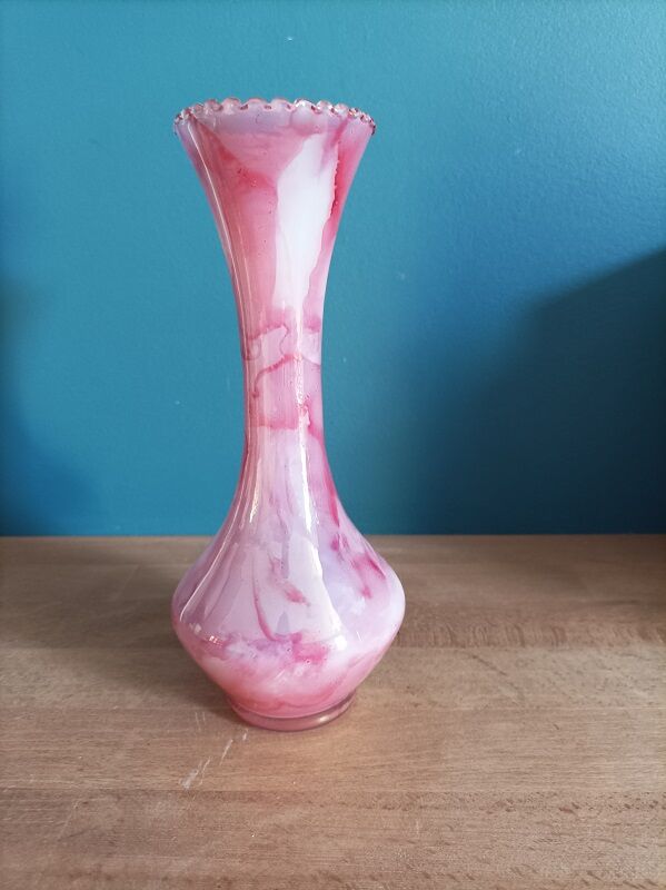 Vase blown glass jar variegated pink soliflore