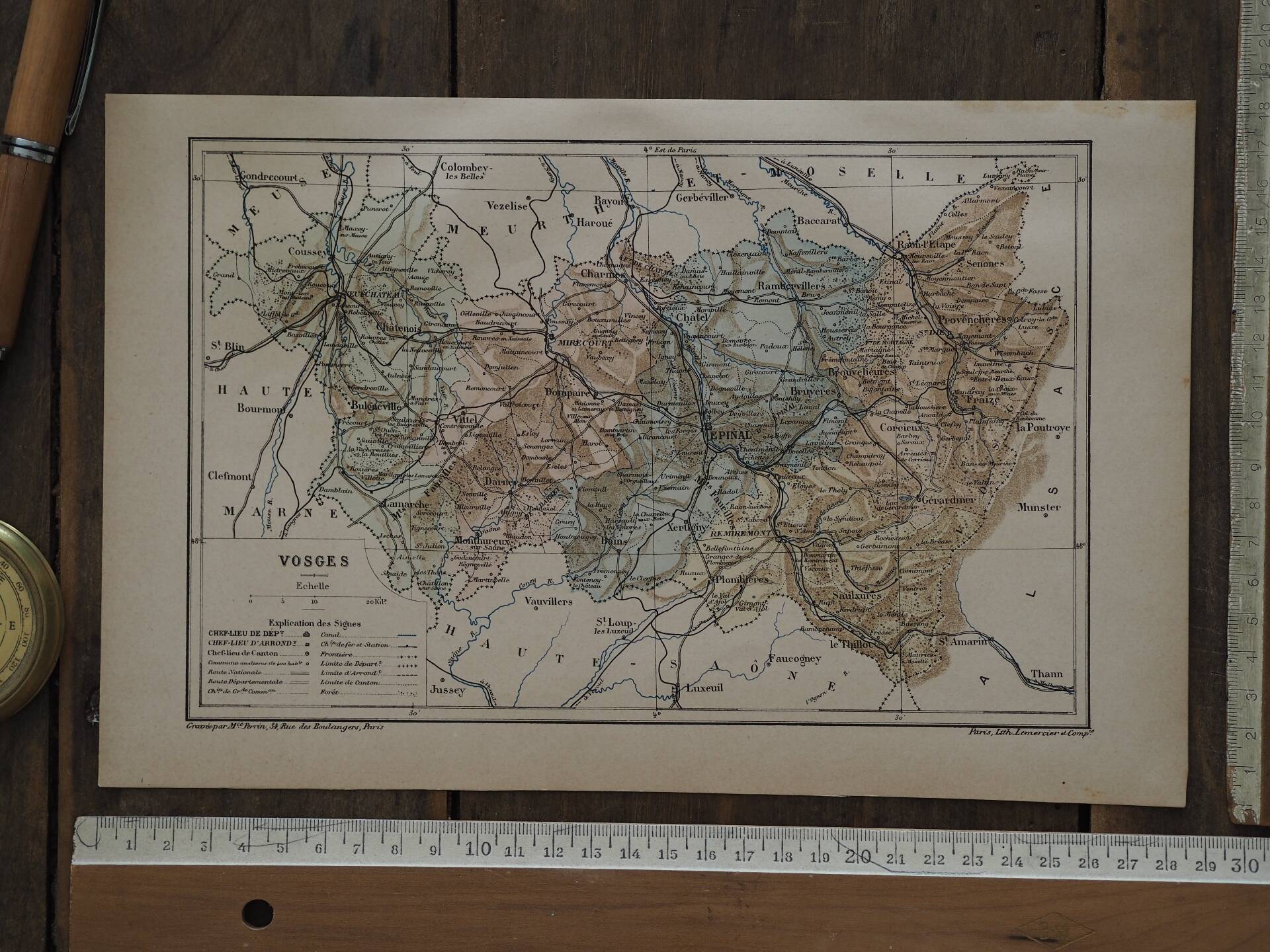 Map of the Vosges, France. Printed antiquity in 1889.
