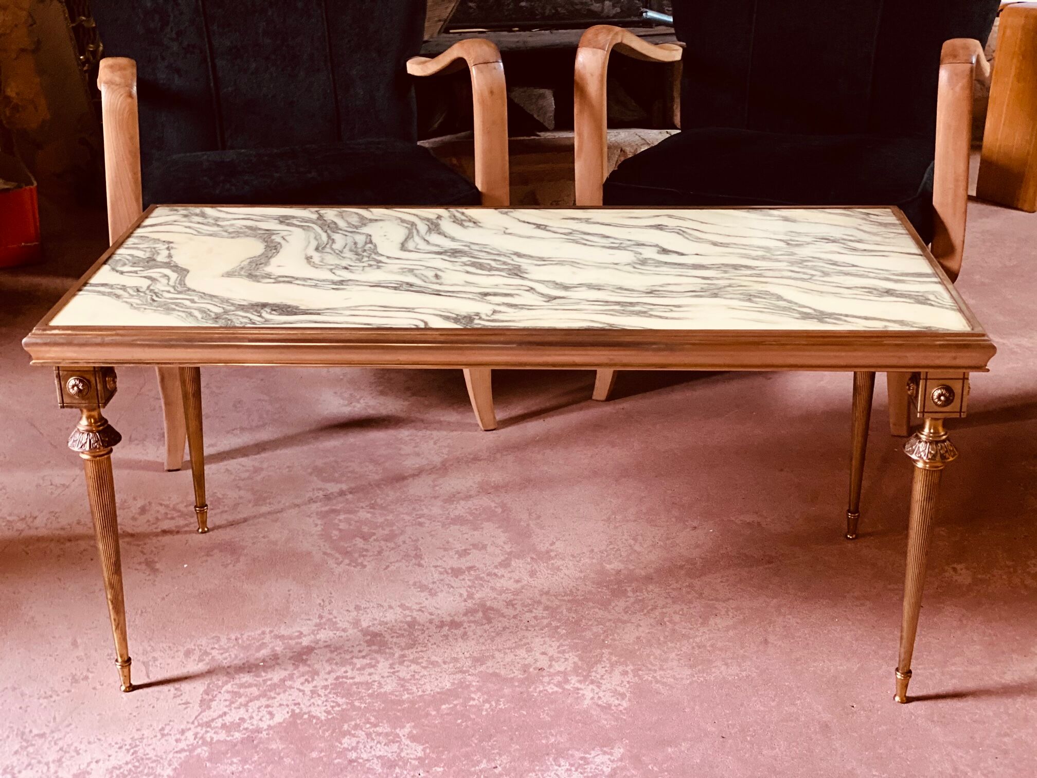 A mid-century marble top and brass frame coffee and cocktail table, circa 1960s