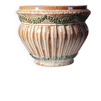 Large glazed terracotta planter with plant decoration from the 20th century, South of France.