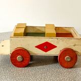 Wooden pull-along toy with coloured blocks, vintage toy.