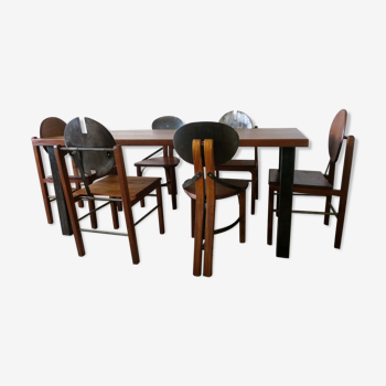 Brutalist solid oak and tarnished steel dining table and six chairs solid teak and tarnished steel