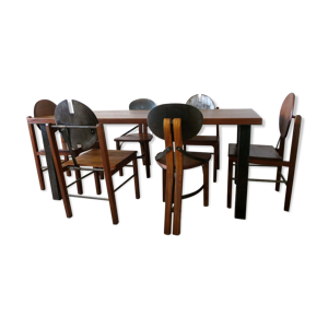 Table à manger brutaliste en chêne massif et acier terni et six chaises en teck massif et acier terni