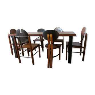 Brutalist solid oak and tarnished steel dining table and six chairs solid teak and tarnished steel