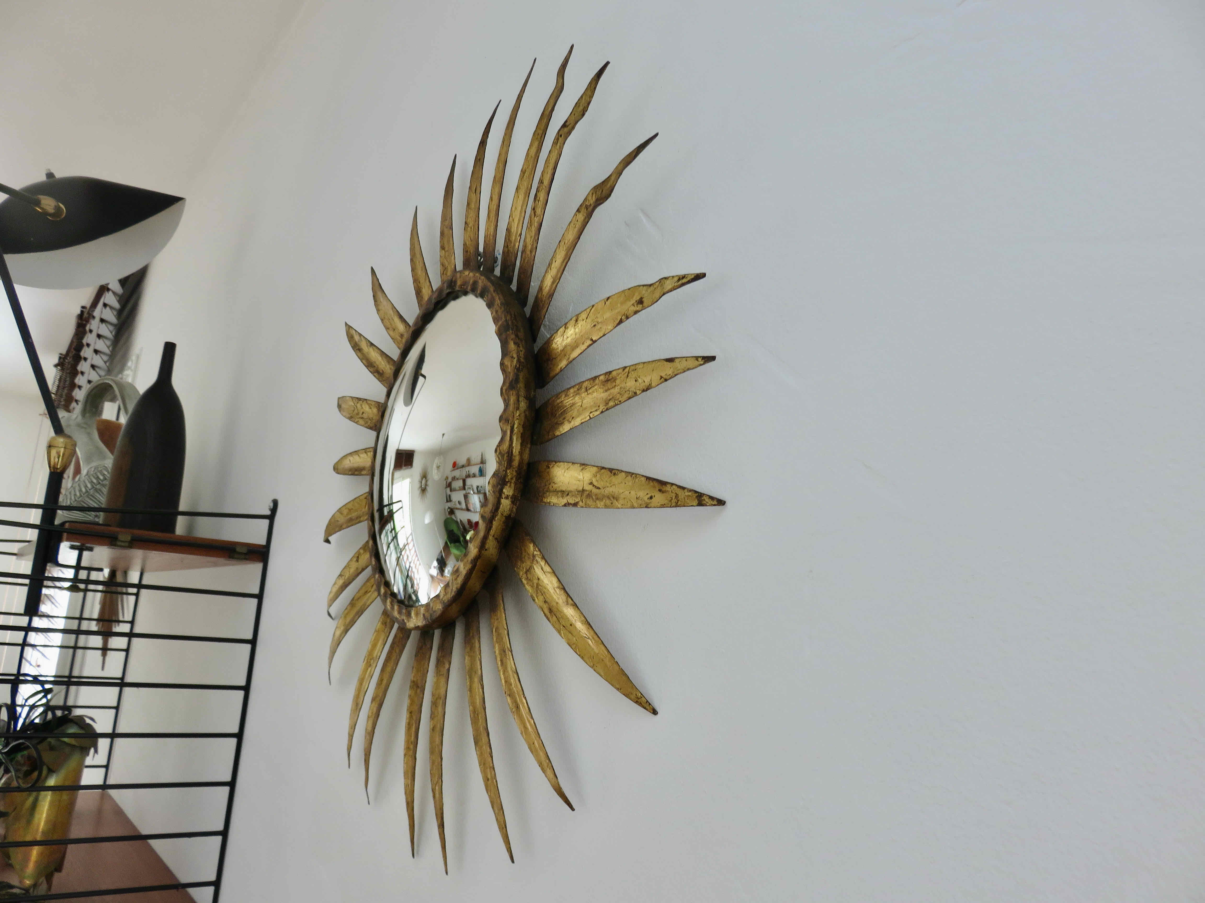 Sun mirror, witch's eye, gilded metal, 70s
