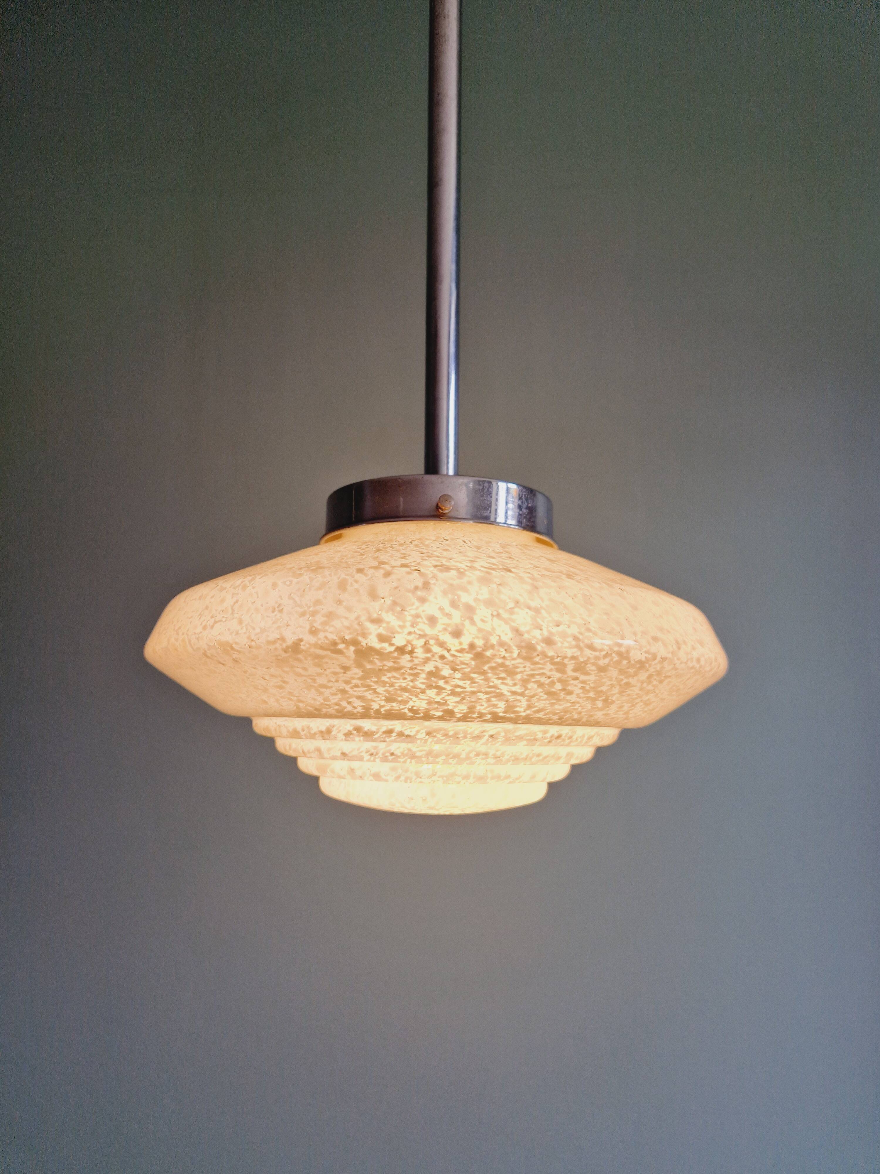 Art Deco pendant light in white speckled glass, 1930s